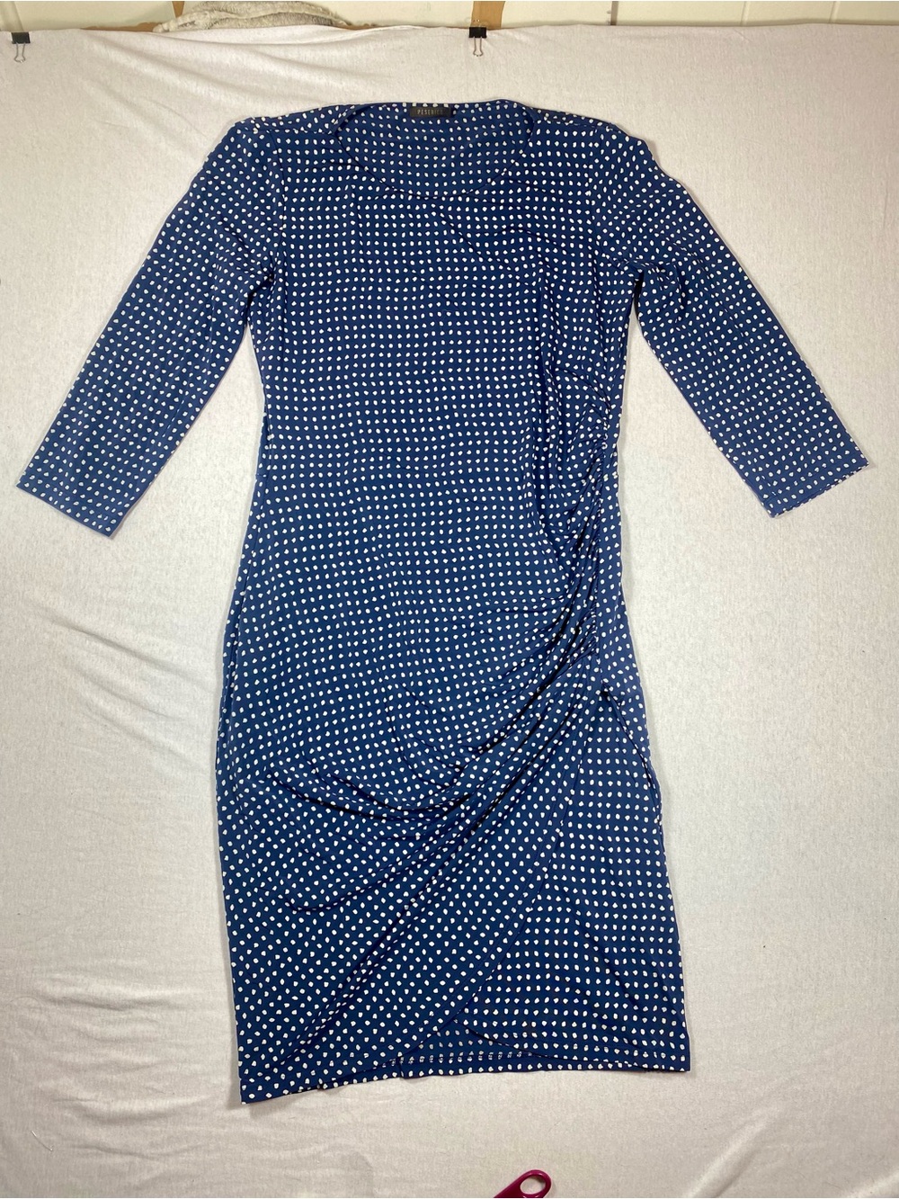 Peserico Italian Navy Polka Dot Ruched Draped Sheath Dress Size 10/L